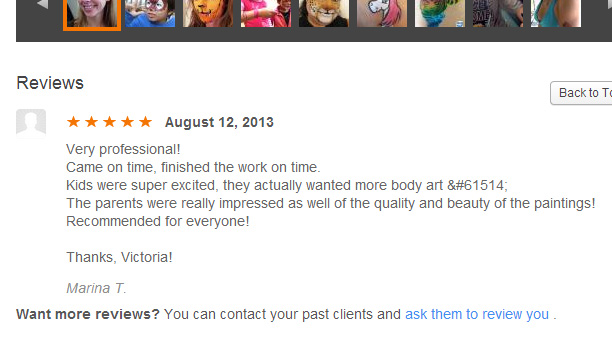 picture and link to Thumbtack review of Big Grins Face Painting and Body Art